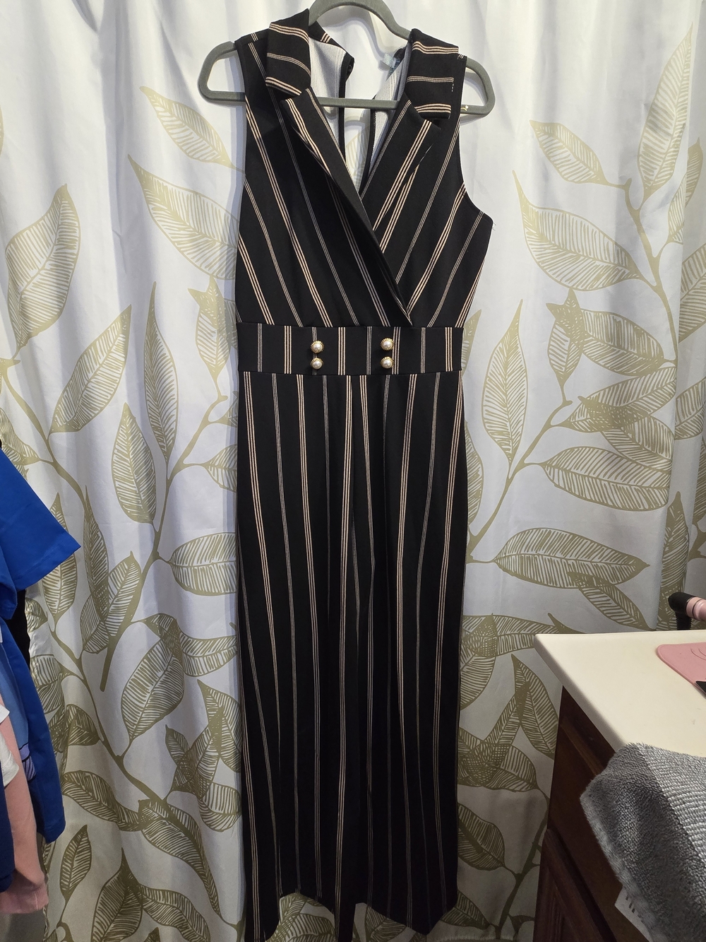 Almost Famous- Black Maxi Pant Suit with Beige Pinstripes